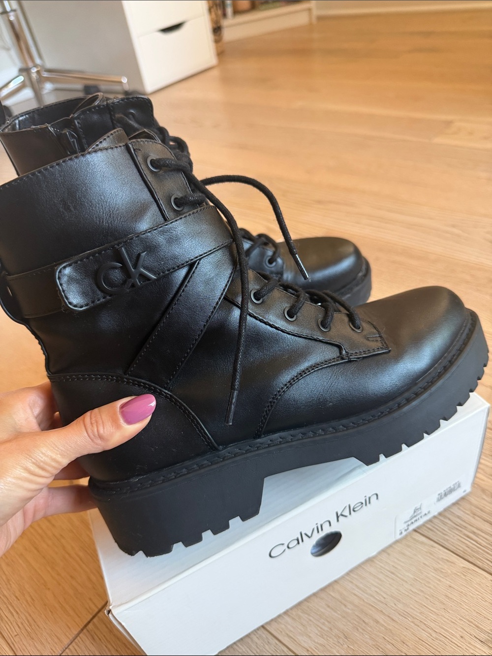 Calvin Klein Black Leather Platform Lace-Up Combat Boots